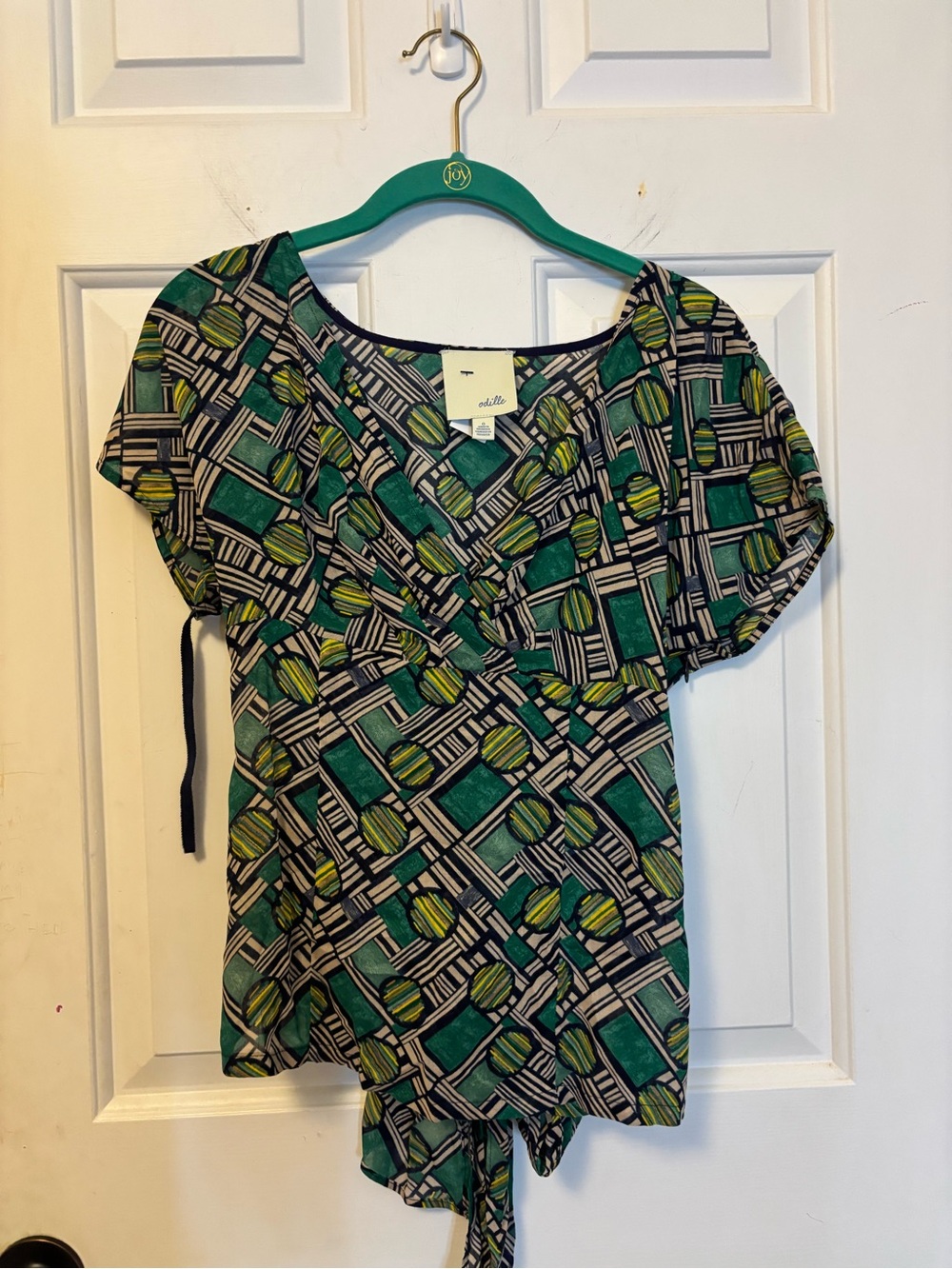 Anthropologie Odille Green Geometric Wrap Baby Doll Blouse with Tie Back